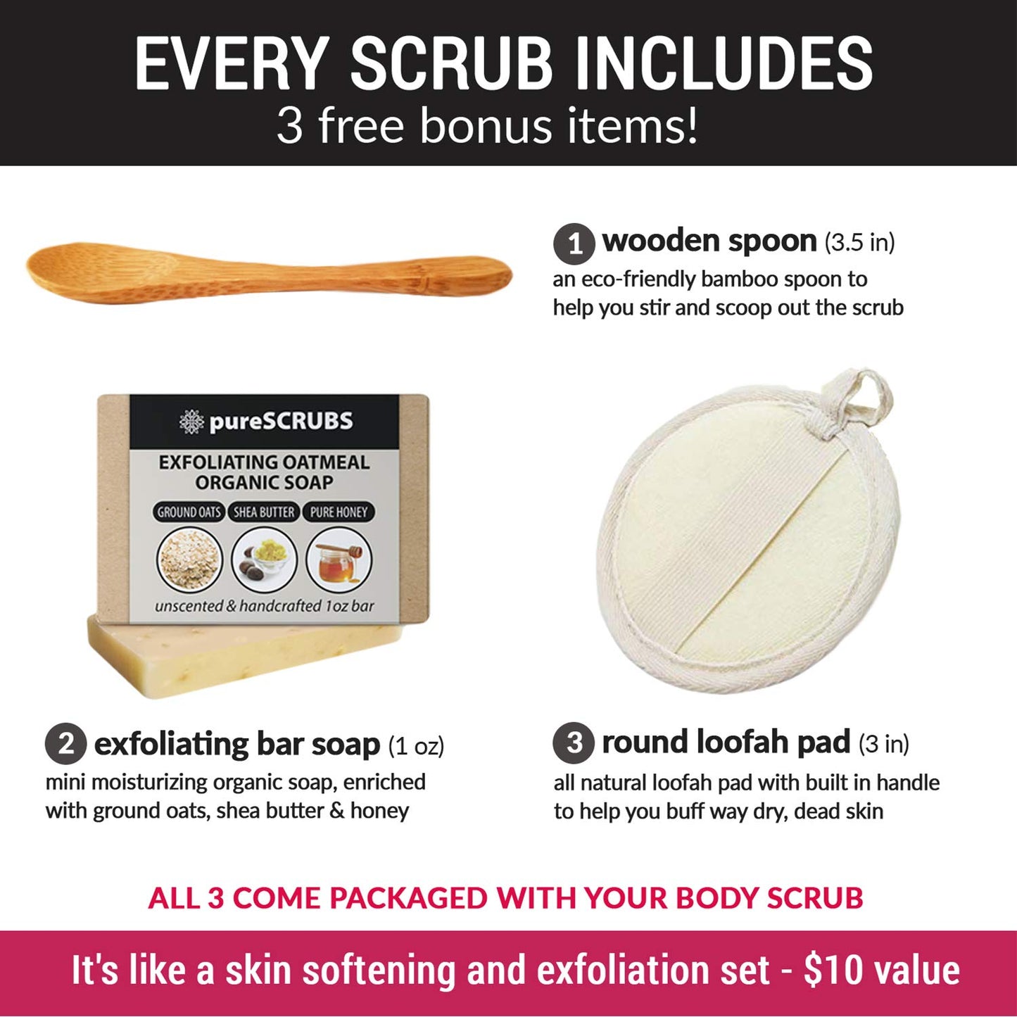 pureSCRUBS Premium Unscented Body Scrub Set - Large 16oz Dead Sea Salt Body Scrub With Infused Essential Oils & Nutrients, Includes Wooden Spoon, Loofah & Oatmeal Exfoliating Bar Soap