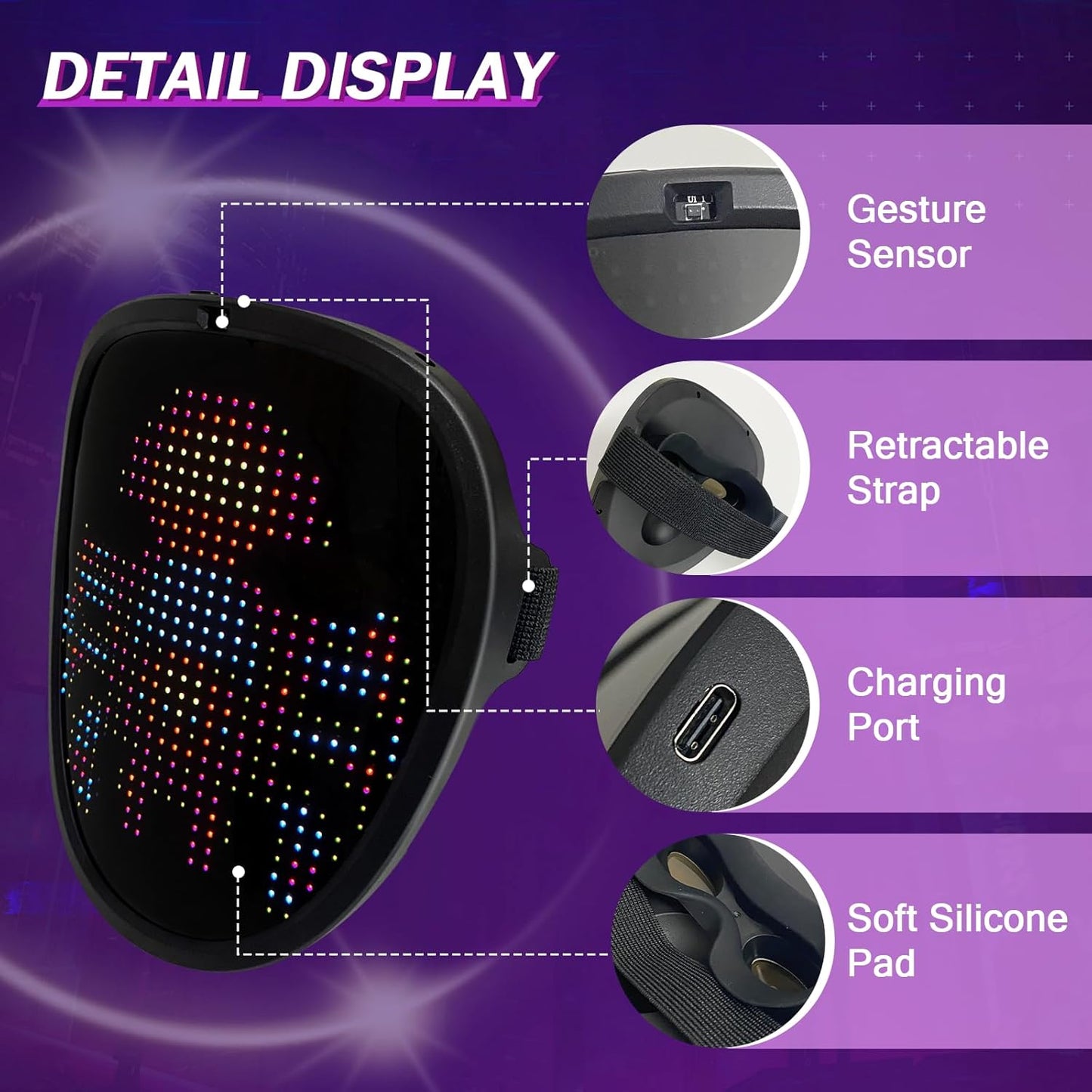 LED Mask with Gesture Sensing - 70 Patterns Display - Kids Halloween Christmas Costume Cosplay Masquerade