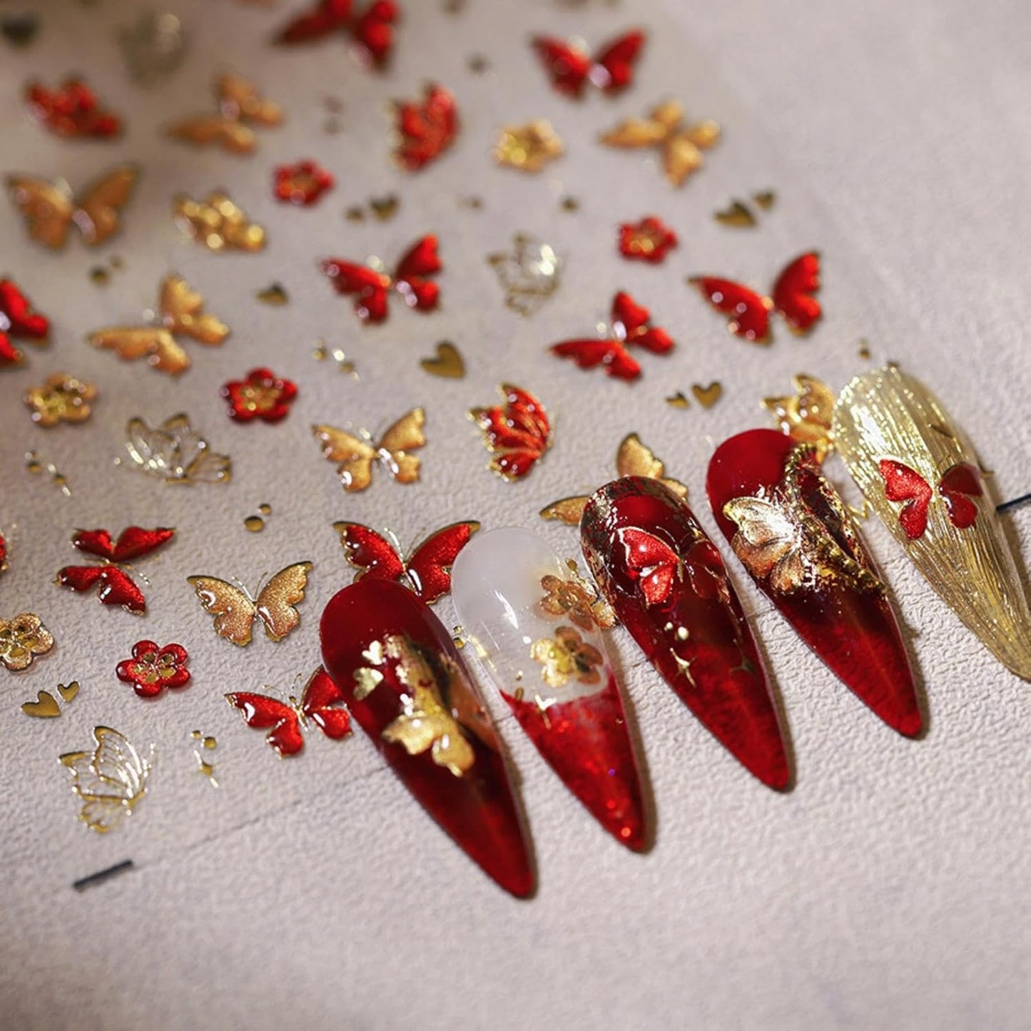 Butterfly Nail Art Stickers Red Golden Nail Decals Self Adhesive 5D Embossed Nail Sticker for Nail Art Spring Design for Women Girls Supplies Nail Art Decorations Accessories