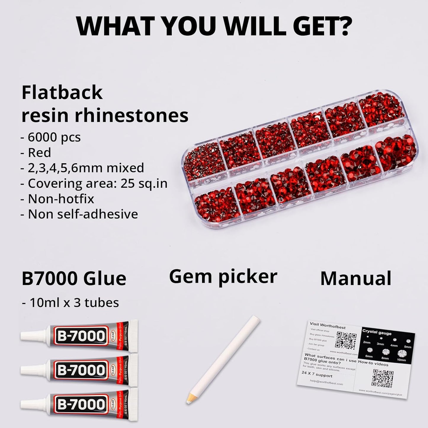 6000Pcs Red Rhinestones for Crafting Bedazzling with b-7000 Jewelry Glue, Resin Flatback Crystals Diamonds for Crafts Clothing Clothes Shoes Decoration, Flat Back Gems Different Sizes