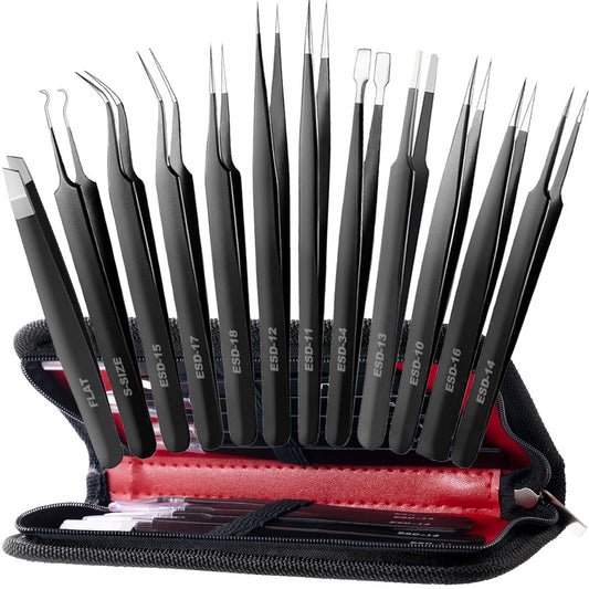 Antonki 12 Pack Precision Tweezers Set for Craft, Soldering, Jewelry, Facial Hair, Eyebrow, Ingrown Hair Removal, Eyelash Extension- with Case