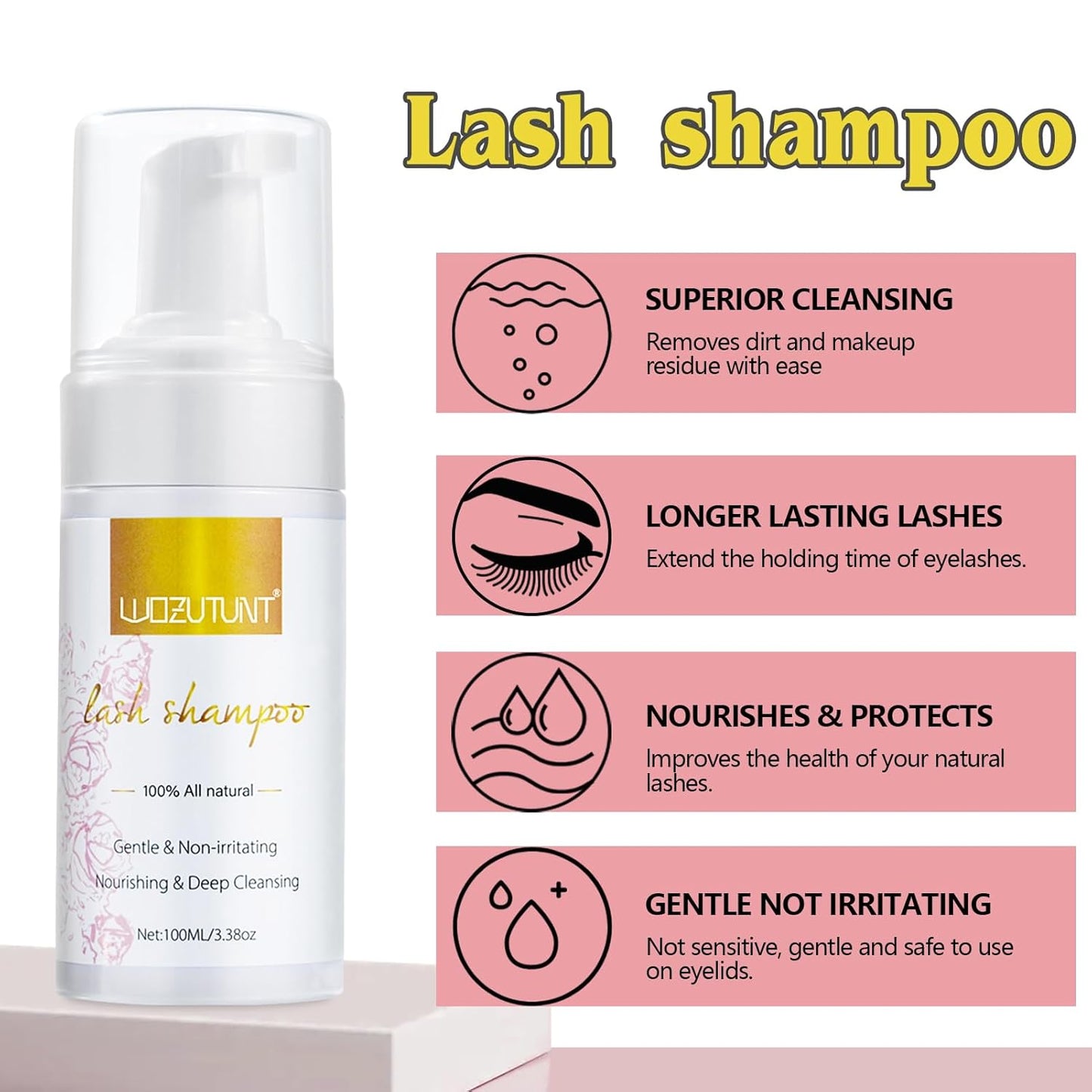 3.38OZ Eyelash Extension Cleanser Lash Mousse Lash Shampoo for Extensions, USB Mini Portable Fan Rechargeable Electric Handheld Air Conditioning Lash Shampoo Brush Plastic Wash Bottle (lash fan-pink)