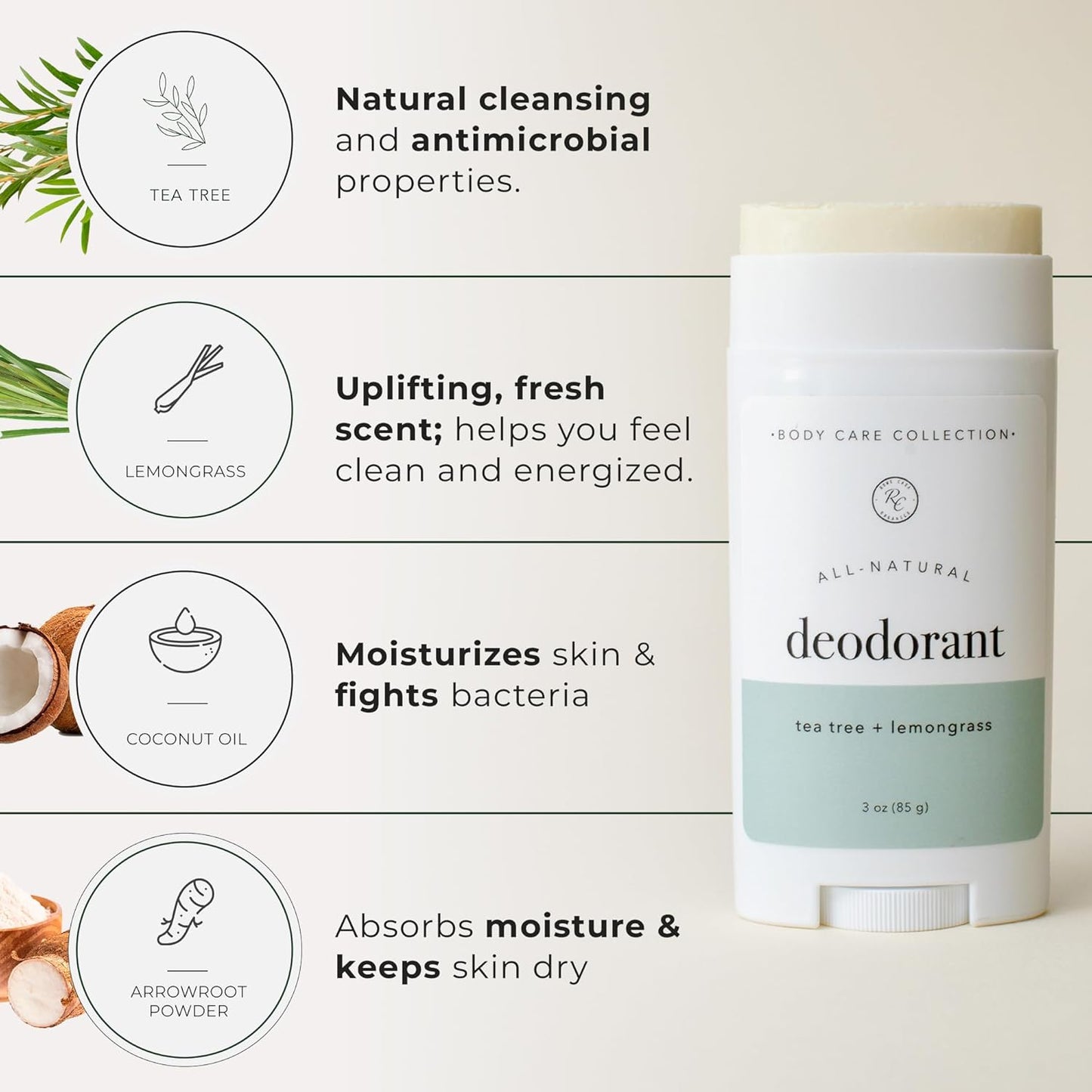 Rowe Casa Organics Tea Tree + Lemongrass Natural Deodorant for Men and Women, Fresh and Energizing Paraben-Free Deodorant Stick with Therapeutic-Grade Essential Oils, 2 oz