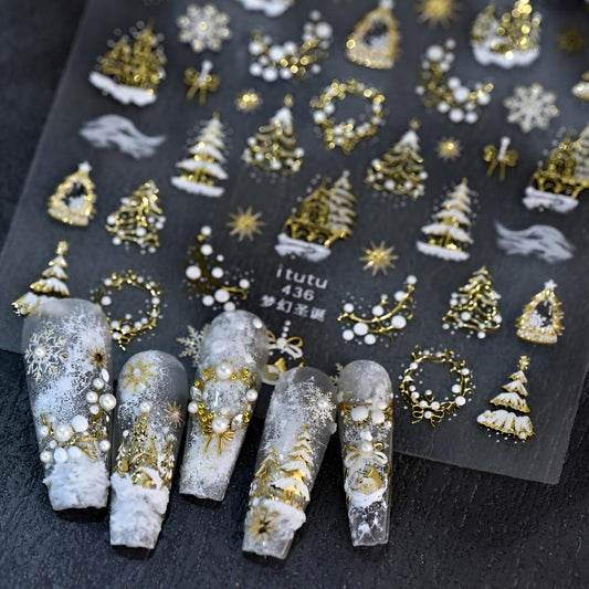 Christmas Nail Art Stickers 5D Embossed Xmas Tree Snowflake Nail Decals White Gold Christmas Nail Stickers for Nail Art Self Adhesive Nail Supplies Design for Women Girls