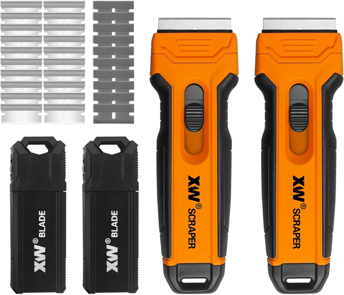 XW 2-Pack Razor Blade Scraper with 4 Spare Blades in Storage, Extra 20 pcs Razor Blades & 10 pcs Plastic Blades Included