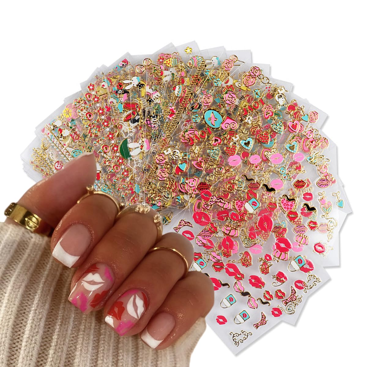 30Pcs Lips Nail Stickers for Valentine's Day 3D Gold Nail Decals Foils Nail Art Supplies Valentines Heart Red Lip Self-Adhesive Nail Design Metallic Nails Stickers for Women Girls DIY Decoration