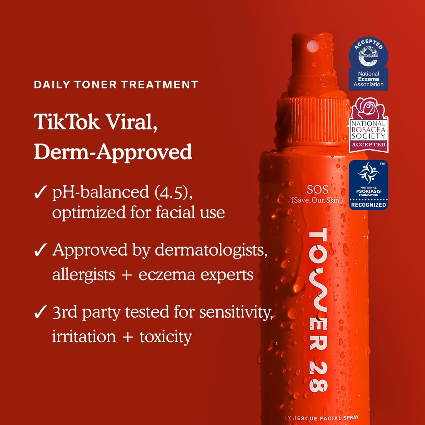 Tower 28 SOS Daily Rescue Facial Spray for Sensitive Skin, Hypochlorous Acid Spray Helps Visibly Reduce the Appearance of Redness and Breakouts, Travel Size Toner for Face, 1 FL Oz
