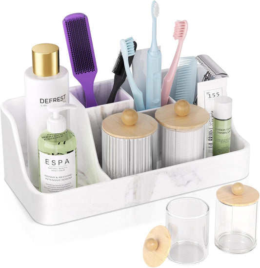 Marble Bathroom Countertop Organizer - Silicone Bathroom Vanity Countertop Organizer - Tooth Brush Organizer With 2PCS Qtip Holder Dispenser - Toothpaste Holder Drainage - Bathroom Essentials