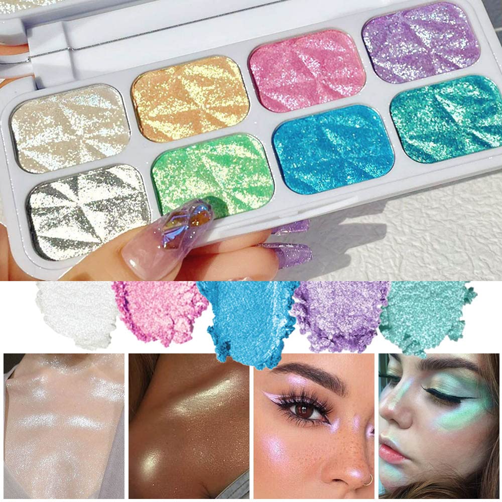 8 Color Face Cheek Highlighter Makeup Palette Shimmer Glitter Iridescent Multichrome Holographic Eyeshadow Palette Purple Rainbow Glitter Highlighter Makeup Highlight and Contour Chrome Eye Make up