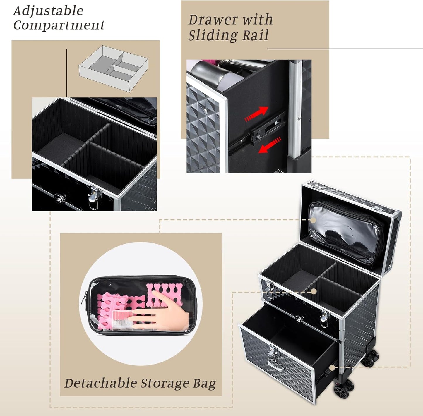 Adazzo Professional Rolling Makeup Case with Drawer for Makeup Artists Cosmetic Train Case Large Storage Case for Nail Technicians Cosmetology Case with Detachable Bag for Hairstylist Black