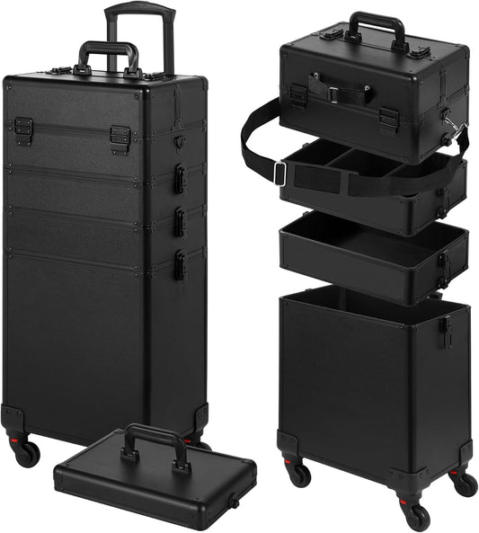 Rolling Makeup Case, Makeup Train Case with Lid, 5 in 1 Cosmetology Case on Wheels, Christmas Gift, Large Makeup Organizers, Profesional Cosmetic Case for Salon Barber, Black