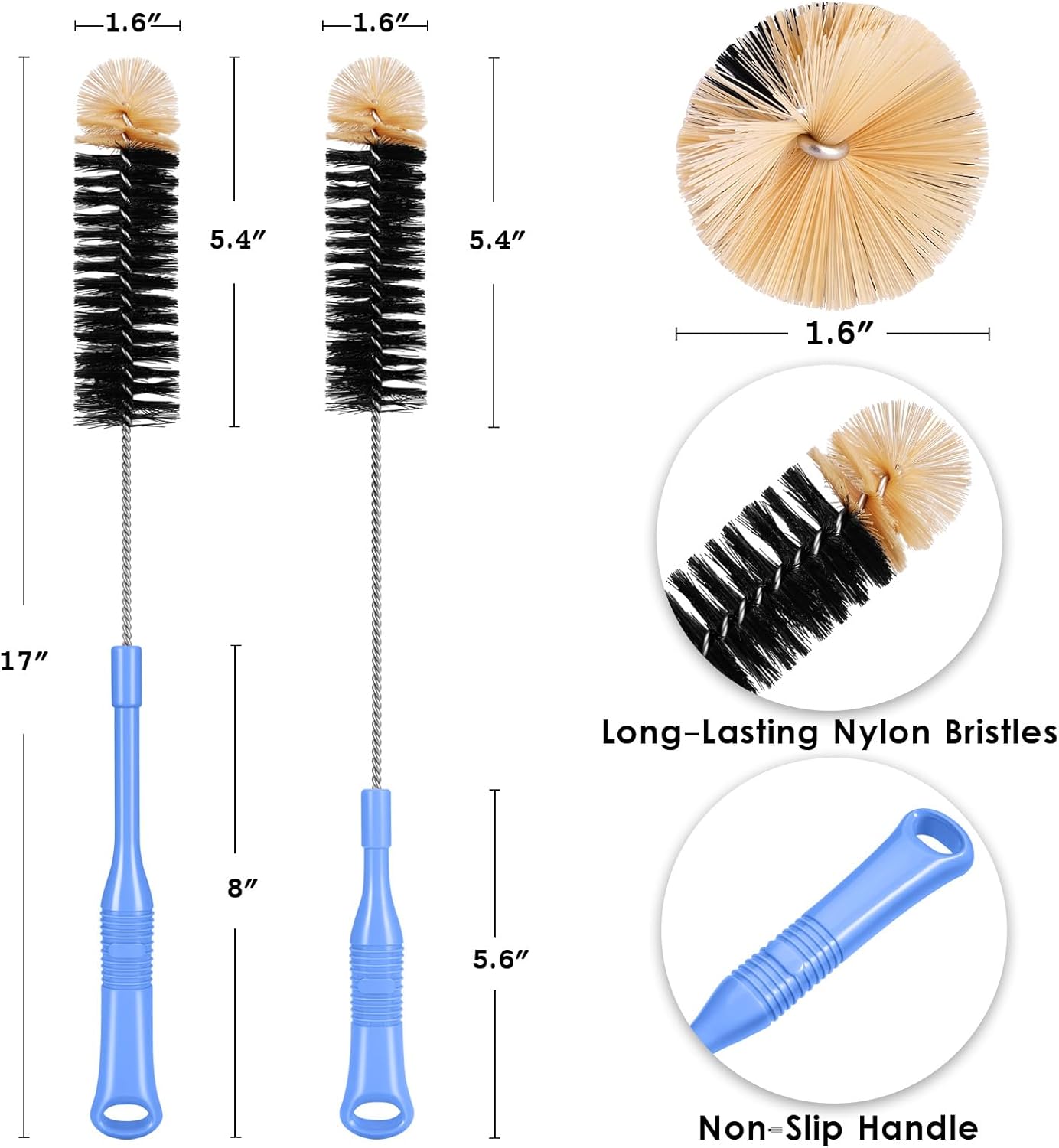 Bottle Cleaning Brush, 17 Inches Extra Long Handle Water Bottle Brush, Flexible Bendable Cleaner for Washing Narrow Neck Bottles, Wine Decanter, Kombucha, Pipes, Beer Brewing Supplies, 2 Pack