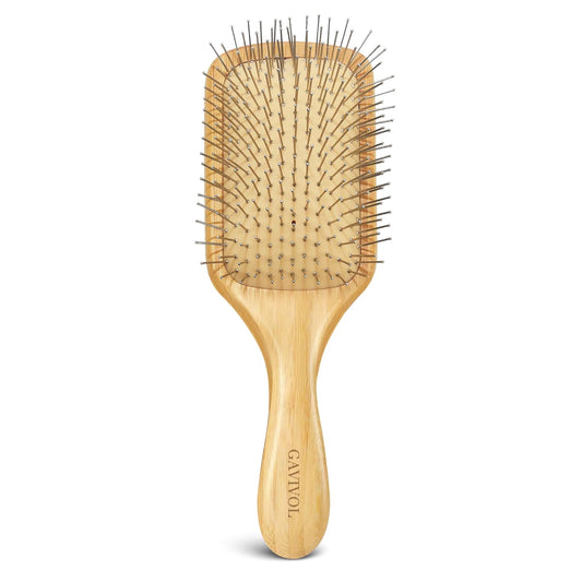 Bamboo Paddle Hair Brush with Steel Bristles for Detangling & Scalp Massage – Ergonomic Bamboo Handle – Anti-Static Metal Bristle Hairbrush for All Hair Types