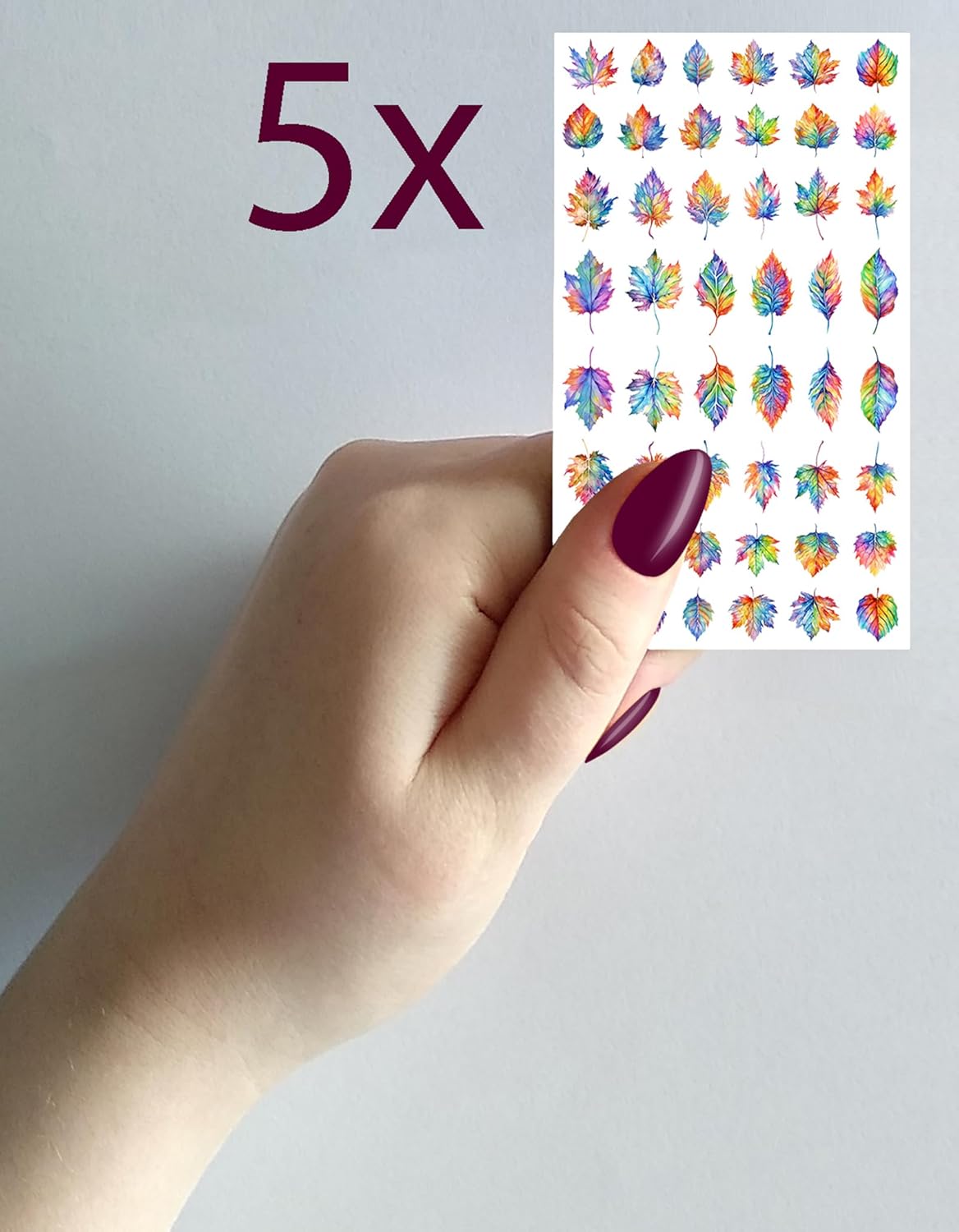 Nail Stickers Decals (5 Sheets) FLONZNAIL Gorgeous Watercolour Rainbow Leaves Vintage Styled Nail Decor