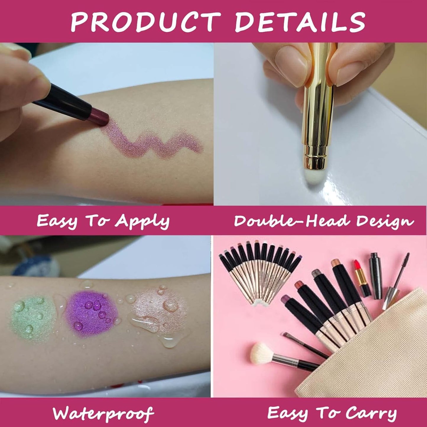 2 in 1 eyeshadow stick and Sponge Makeup Brush, Smooth Cream Shimmer Shadow Pencil Long Lasting Waterproof Eye Shadow Highlighter Stick Makeup, Hypoallergenic Multi-Dimensional eyes Look