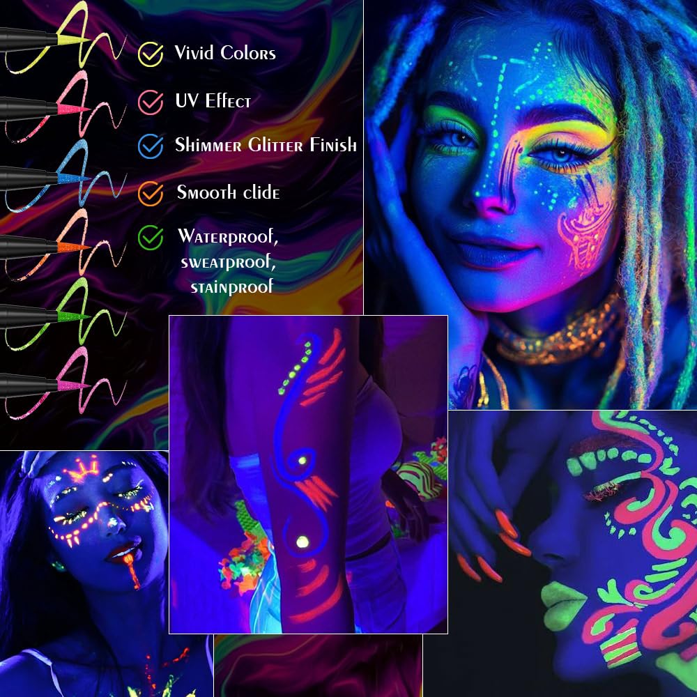 evpct Green Shimmer Eyeliner UV Neon Gel Eyeliner Pencil Makeup, Rainbow Halloween Colored Colorful Gel Eye Liner Pen Glow in Dark Makeup, Long Lasting Waterproof Eyeliners for Face Body Painting