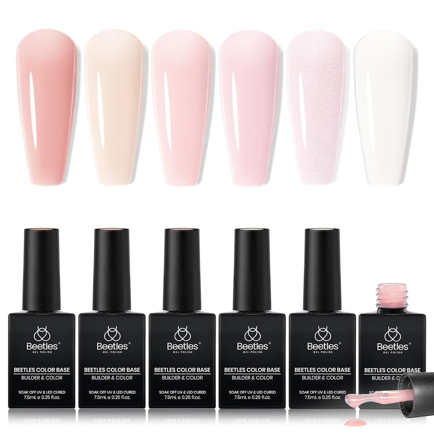 Beetles Rubber Base Builder Nail Gel - White Nude Pink Glitter French Tip Base Color Gel Polish Set for Manicure Strengthener Long Lasting Soak Off U V LED Nail Art