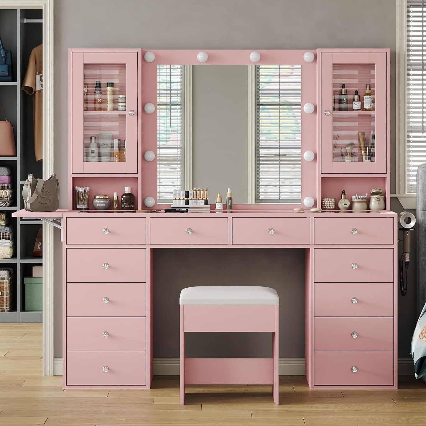 Vanity with Mirror and 10 LED Lights,Vanity Desk with Power Outlet, Makeup Vanity with 12 Drawers and 2 Cabinets, Fold-up Panel, Glass Top Vanity Table with Chair for Bedroom, Pink