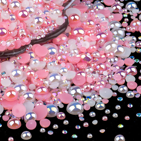 50g Flatback Pearls and Rhinestones Set 1-Pink&White, Mixed Size 3-10mm Resin Rhinestones and Half Pearls for Nail Art and Crafts and Decoration with Tweezer and Pickup Pencil