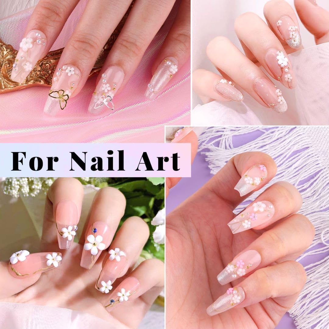 3D Flowers for Nails, Colorful Acrylic Flower Nail Charms with Caviar Beads, Flat Back Glass Crystal AB + Clear Gemstones Round Gems Rhinestones for Nails & Acrylic Nails with Dotting Tools