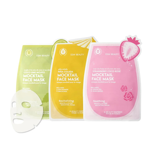ESW Beauty Mocktail Face Mask Set - 3-Pack Vegan Face Masks for Hydrating, Revitalizing & Calming Skin - Includes Coco Lime Mojito, Strawberry Coco Rosé & Piña Colada Biocellulose Masks