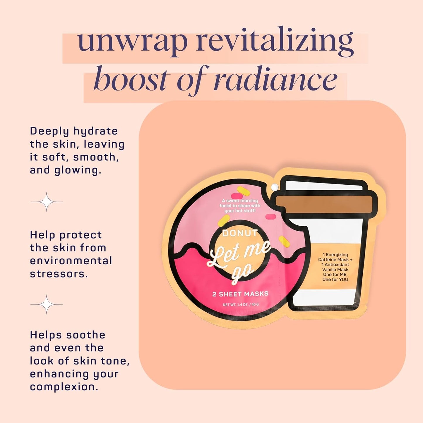 SpaLife Donut Let Me Go Duo Facial Masks - Pack of 6 - Skincare Gift Set for Valentine's Day - Radiant Caffeine and Soothing Vanilla - Beauty Moisture Hydration Face Mask for Men and Women