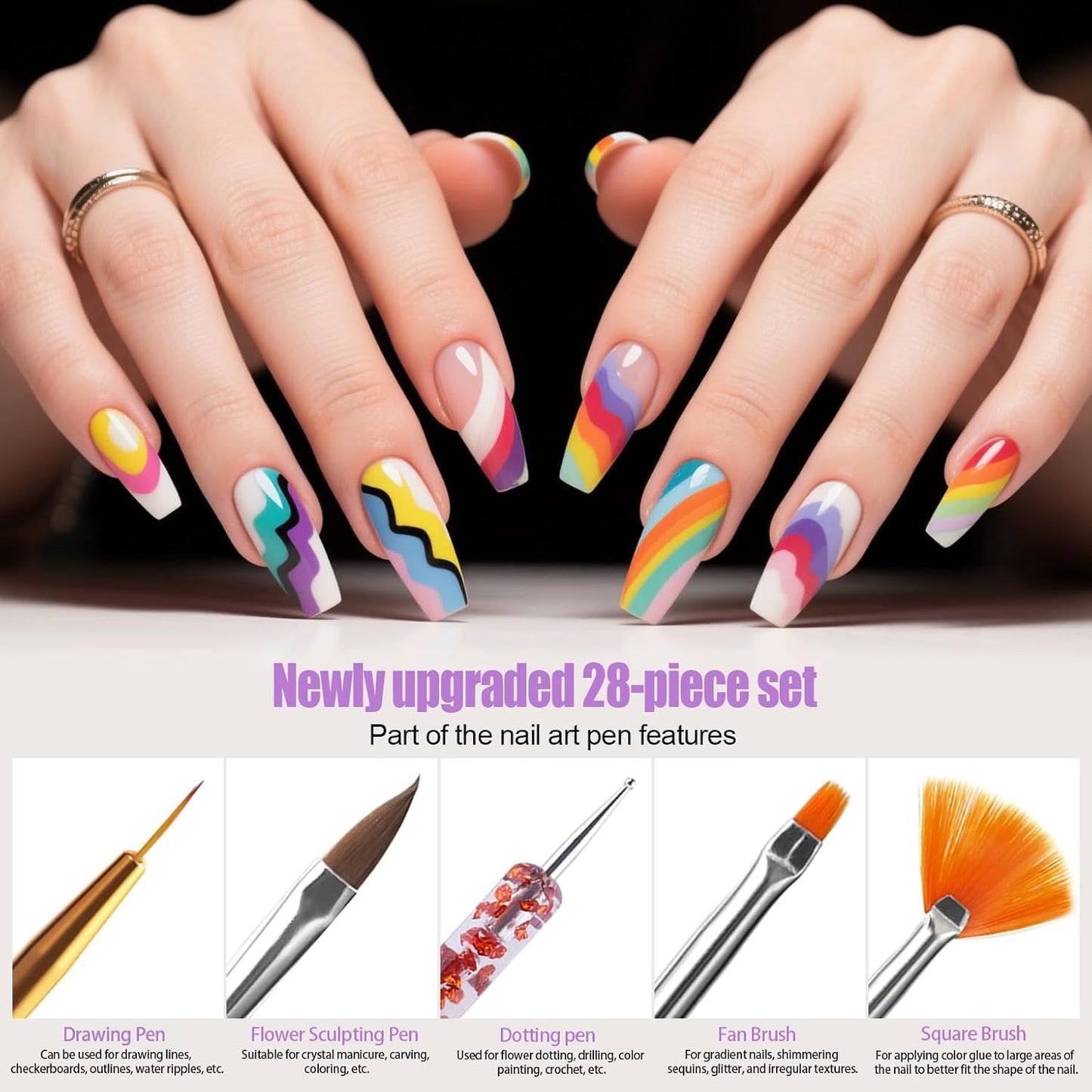 Artdone 38Pcs Nail Striping Tape Lines Kit With Nail Art Pens Dotting Tools And Liner Brushes For Gel Polish Small Detail Drawing Design Paint