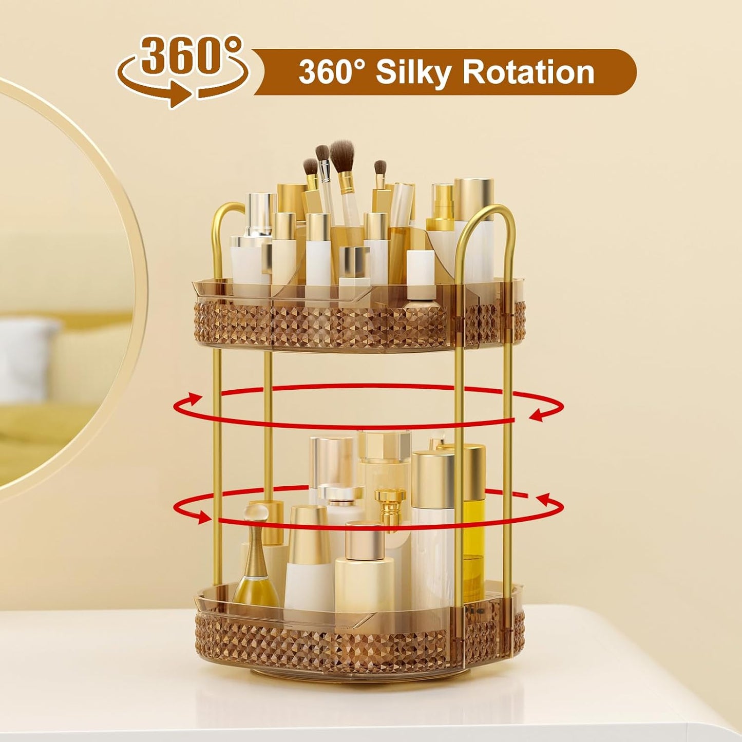360° Rotating Makeup Organizer 2 Tier, Large Skincare Clear Make Up Storage Spinning Perfume Organizers for Bathroom Counter Dresser, Pink