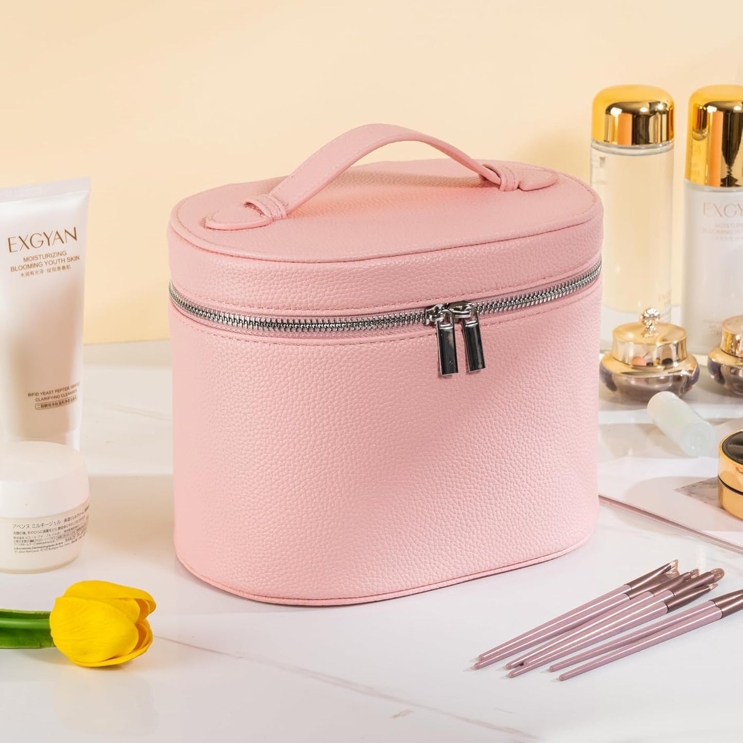 Makeup Bag Vanity Case Cosmetic Bag with Removable Divider Travel Toiletry Bag for Women Portable Make up Box Organizer, Pink