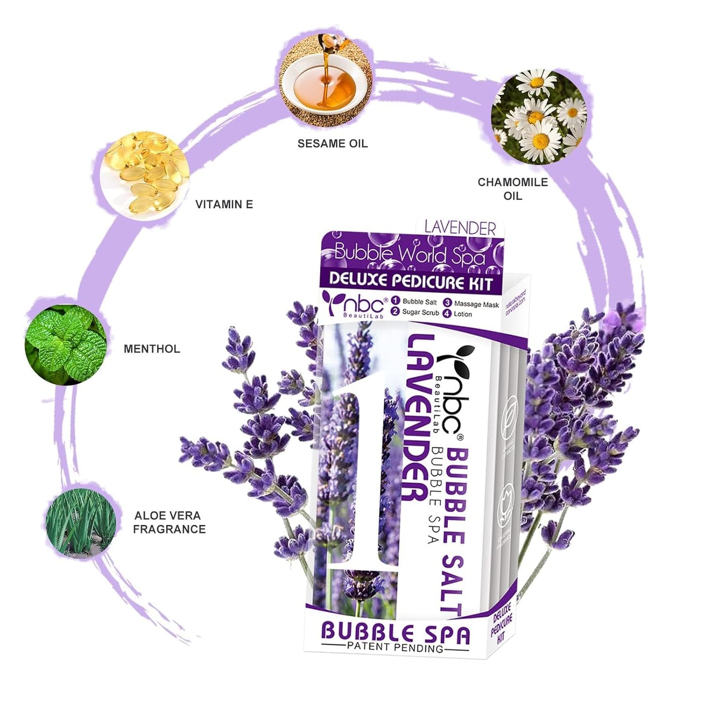 Pedicure Kit Foot Soak Set: Bubble Salt, Sugar Scrub, Massage Mask, Massage Lotion in a Box, 4 Step Foot Spa Kit for Dry Feet, Softens Calluses, Tired Feet（3 Set Lavender)