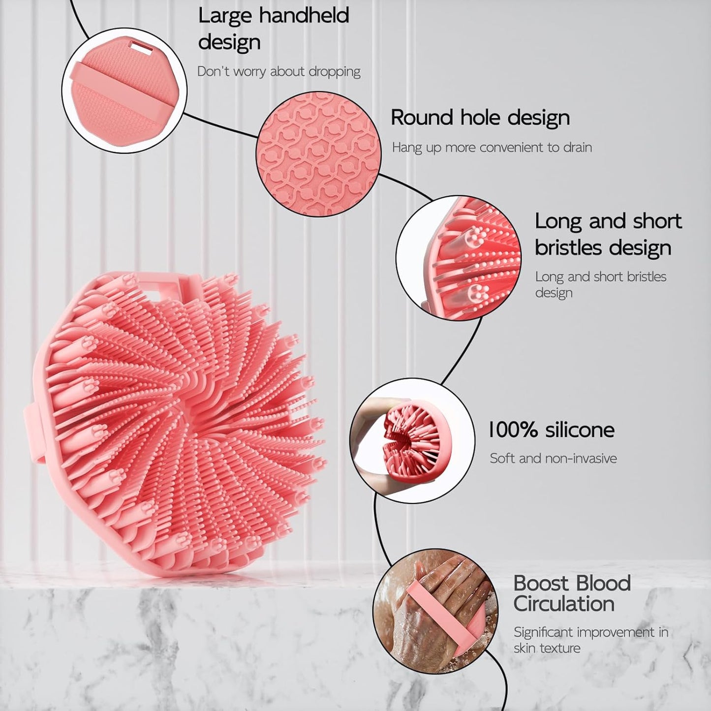 Silicone Body Scrubber, Exfoliating Body Wash Scrubbers Exfoliator, Shower Body Brush for Effective Showering Exfoliation and Gentle Massage (Pink)