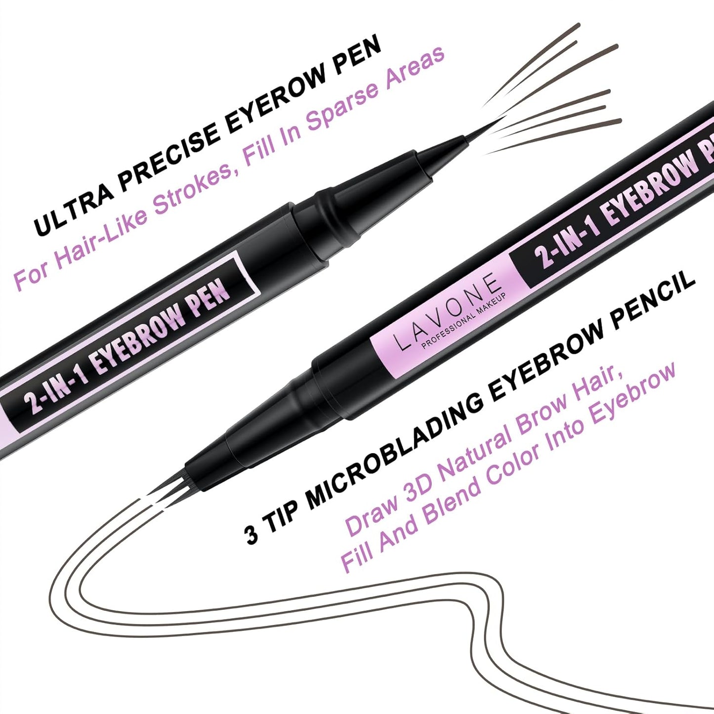LAVONE Eyebrow Pencil, 2-In-1 Waterproof Eyebrow Pen, with 3 Tip Microblading Eyebrow Pen and Ultra-Precise Brow Pencil, Dual-ended Eyebrow Brush, for Eyebrow Makeup - Medium Brown