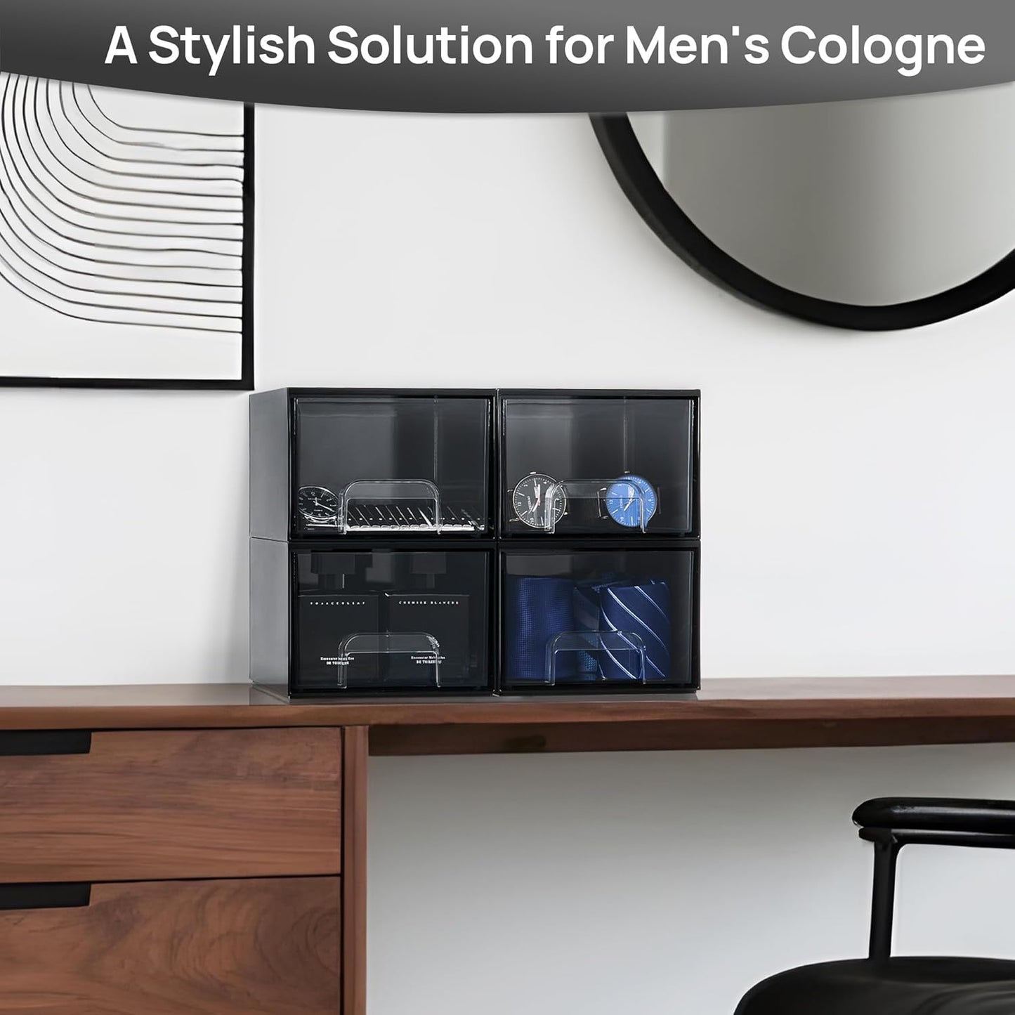 Vtopmart Black Stackable Storage Drawers,4.4‘’ Tall Cologne Organizer for Men,Plastic Containers for Vanity, Dresser,Office Desk,Bathroom Countertop Organization,Ideal for Room Decor,Gifts for Men