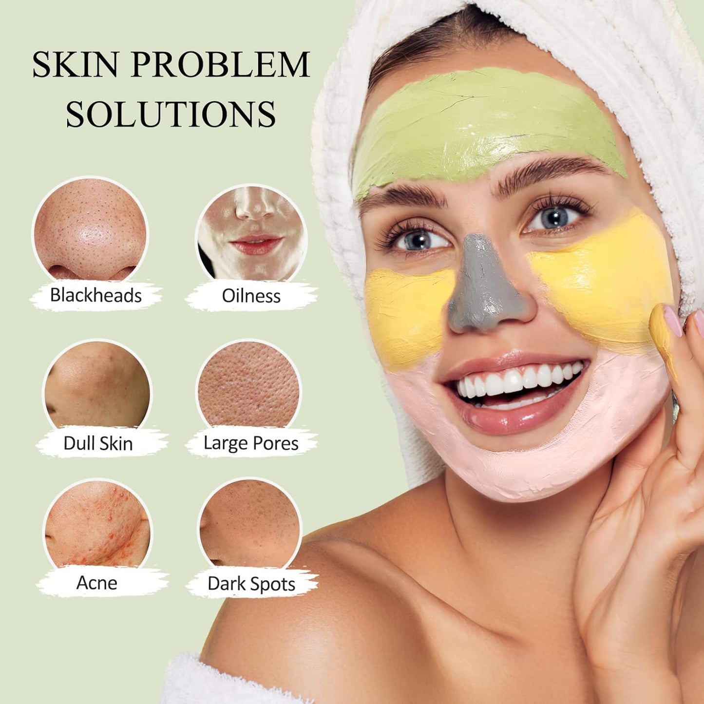 4 Pcs Clay Facial Mask Set - Turmeric, Vitamin C, Green Tea, Dead Sea Mud, and Rose Clay Skin Care Mask for Deep Cleansing, Moisturizing, and Refining Pores - 240g
