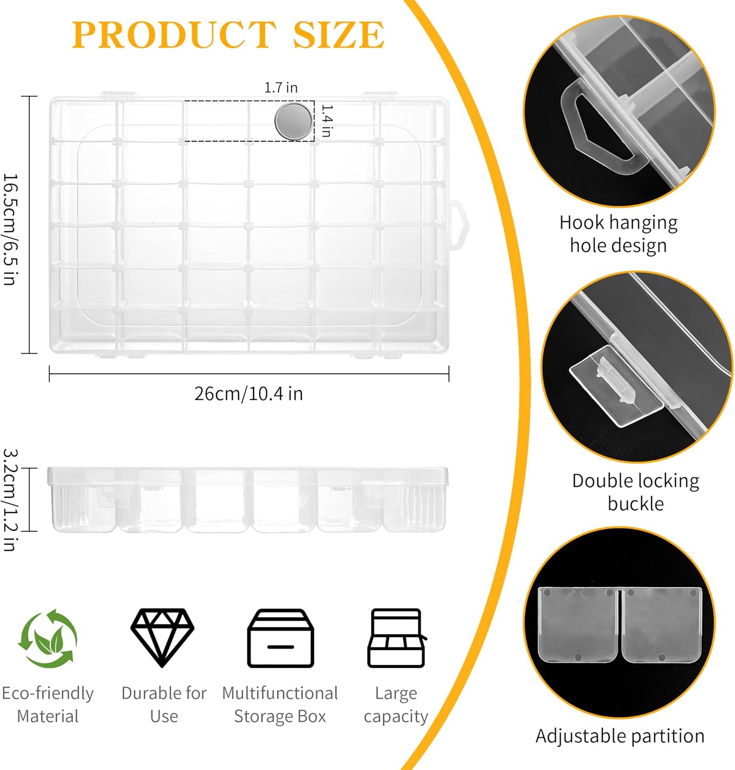 3 Pcs 36 Large Grids Clear Plastic Organizer Box with Adjustable Dividers Craft Organizers Box for Bead,Jewelry,DIY Crafts,Art,Small Items Storage (Clear-3pack-108 Grids)