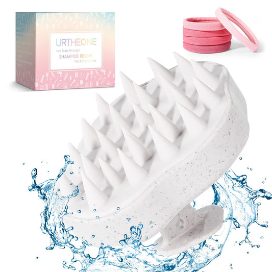 URTHEONE Scalp Massager Shampoo Brush, Hair Scalp Scrubber Head Massager with Soft Silicone Bristles for Women Men Kids Pets Shower and Hair Growth(Beige) Includes 5 Pcs Hair Ties