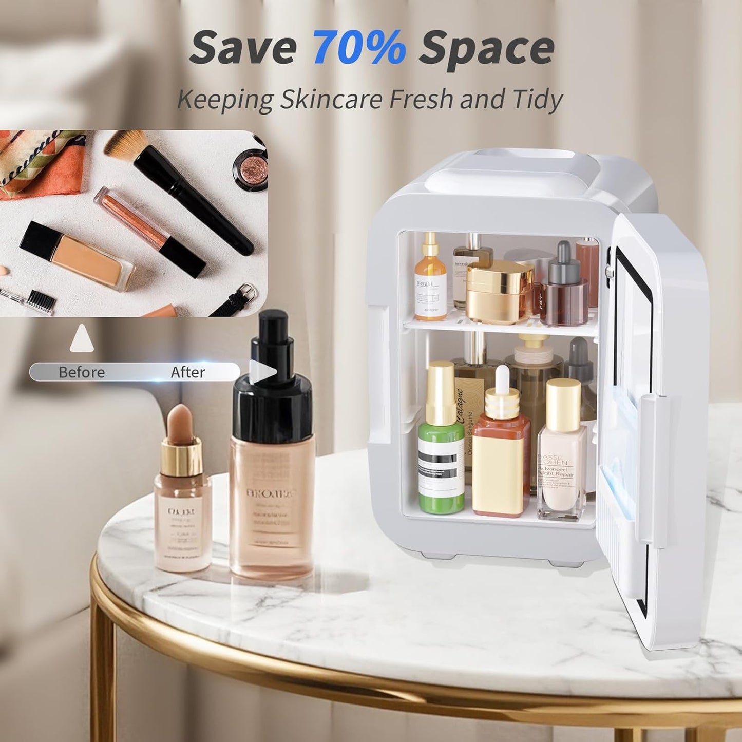YASHE Skincare Fridge Mini Fridge for Bedroom with Dimmable LED Mirror, 4Liter/6 Cans Cooler and Warmer for Makeup, Cosmetic, Beauty, Portable Refrigerator for Bedroom, Vanity, Office and Car- White