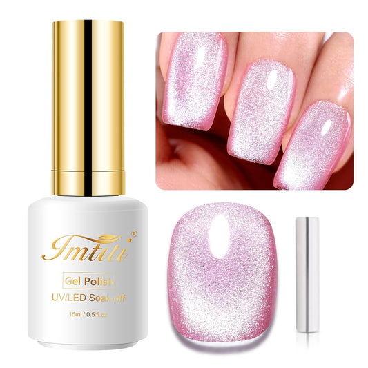 Imtiti Hot Pink Champagne Pink Color Gel Nail Polish, 0.5fl oz Holographic 9D Cat Eyes Glitter Magnetic Gel Polish with Magnetic Stick for Nail Salon