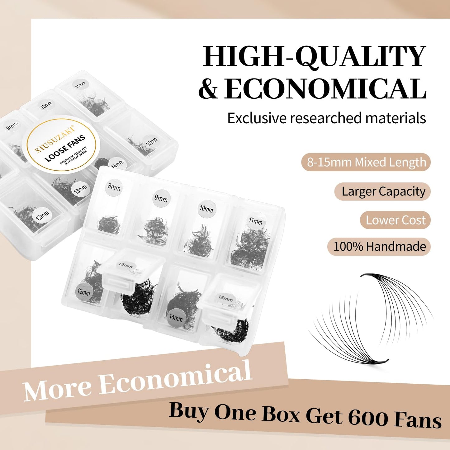 Premade Eyelash Extensions - 600 Fans, 10D, 0.05 Thick, D Curl, 13-20mm