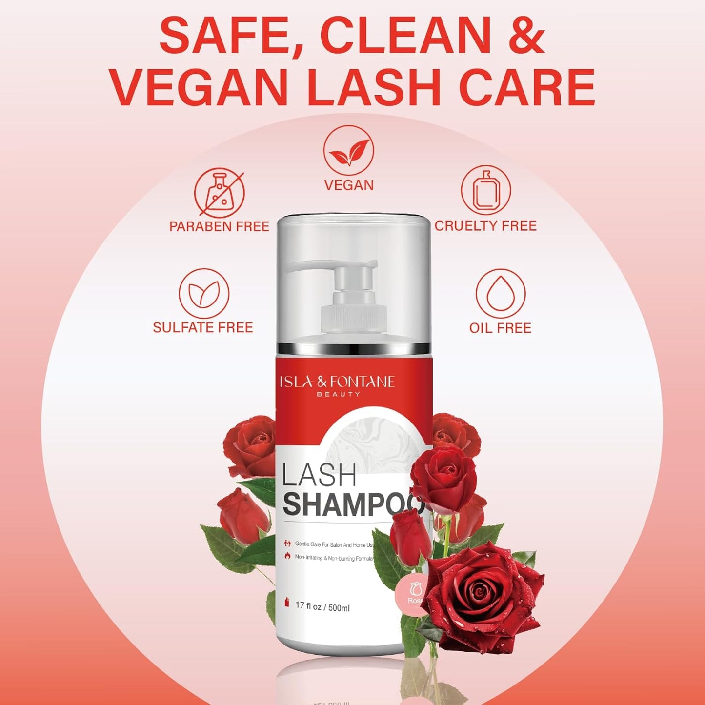 ISLA & FONTANE Lash Shampoo Bulk – Multi-Scent Series – 17 fl oz / 500ml | Gentle Eyelash Cleanser for Lash Extensions | Non-Irritating | Professional Lash Bath Foam For Salon And Home Use (Rose)