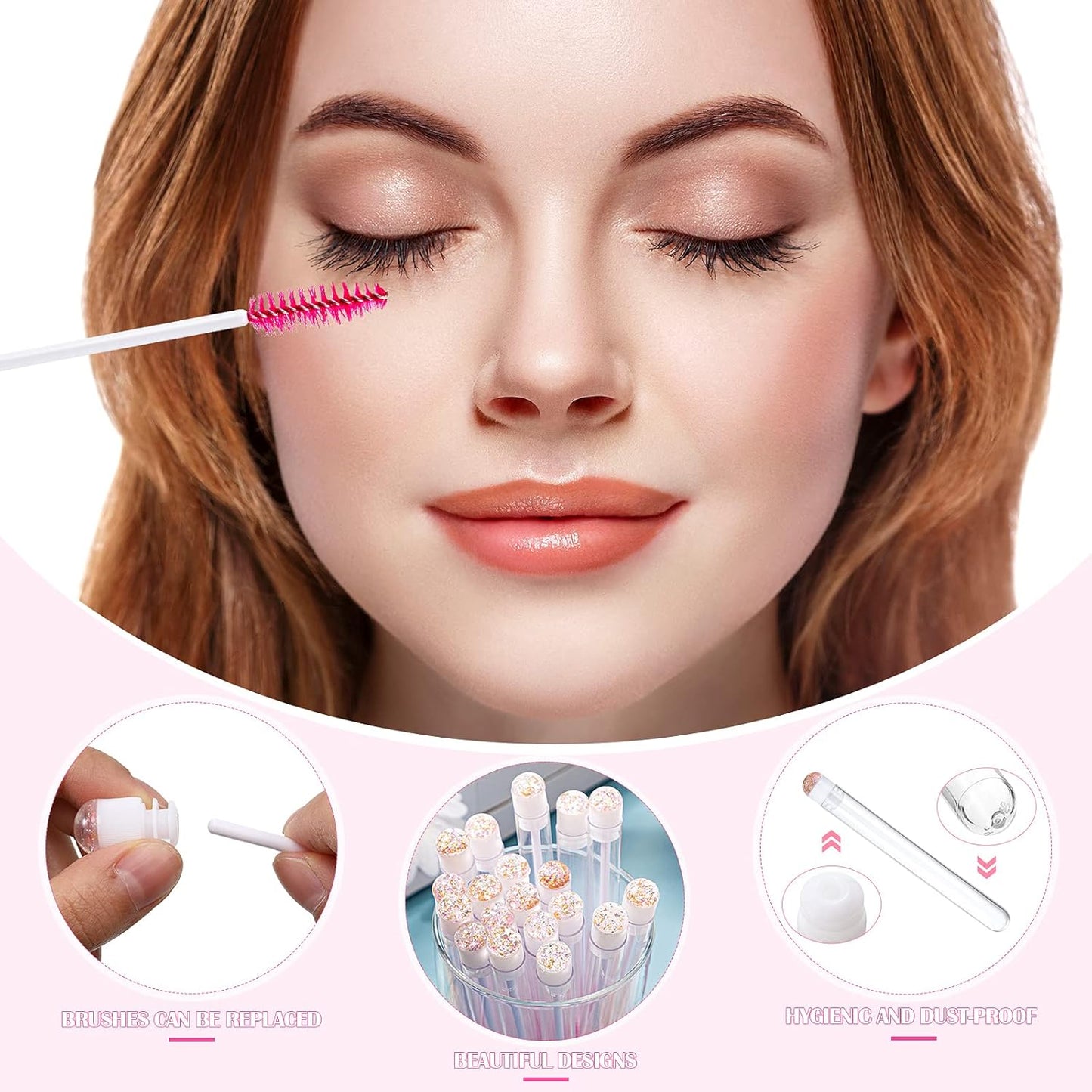 80 Pieces Disposable Mascara Brushes Tubes Set, 40 Pieces Empty Mascara Wand Tube with 40 Pieces Eyelash Brush Makeup Tool for Eyelash Extension(Pink Gold Sequins Style)