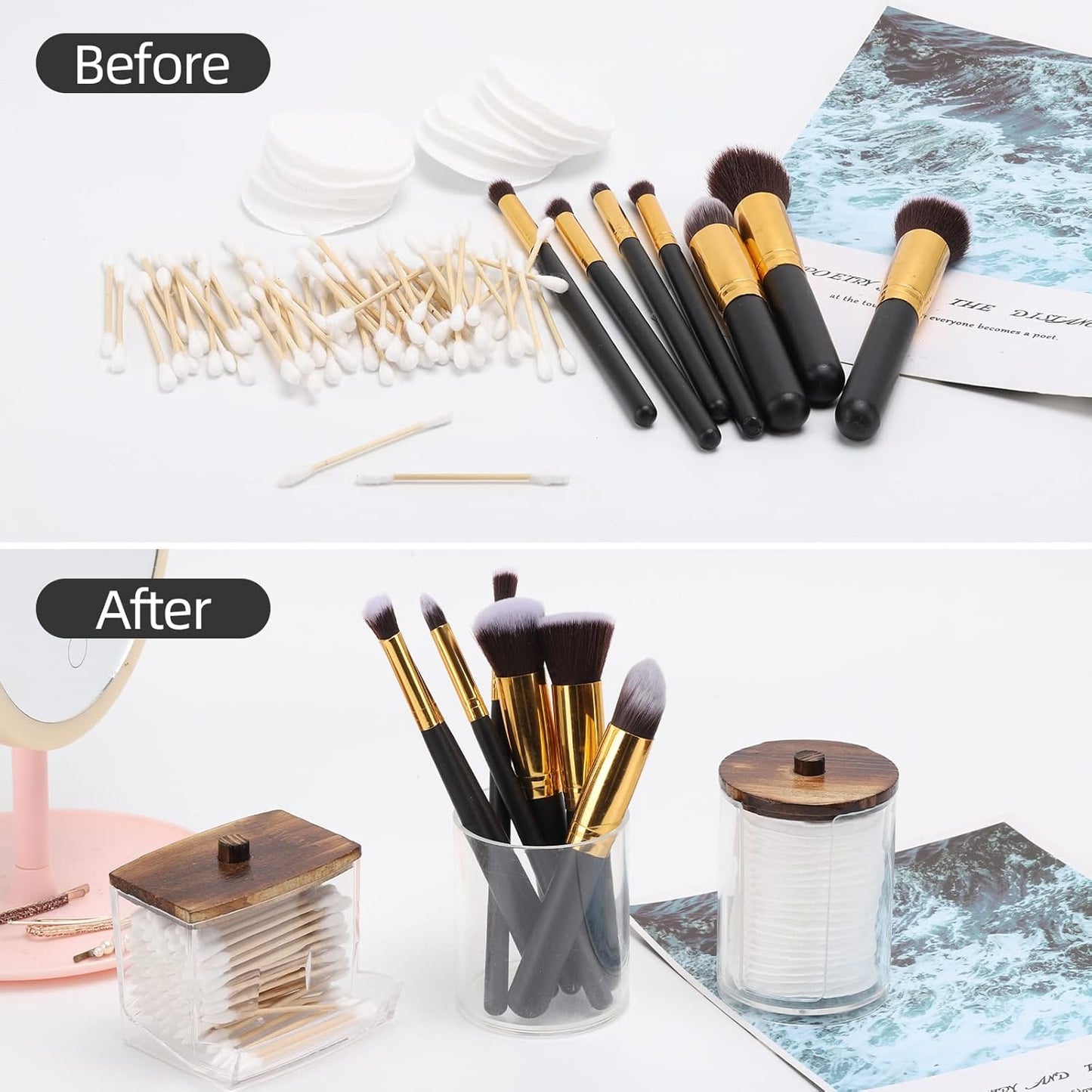 Tbestmax Bathroom Organizer Accessories Set-10 OZ,7 OZ Qtips Holder Storage with Wood Lids, Cotton Ball/Swabs Dispenser, Apothecary Container Jar 3 Pcs