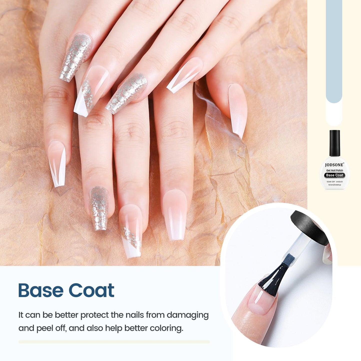 JODSONE 16.5ml Base Coat Gel No Wipe Long Lasting Streak-Free Shine Clear Base Gel Nail Polish Need U V Lamp Cured at Home DIY Nail Salon Girl Gift