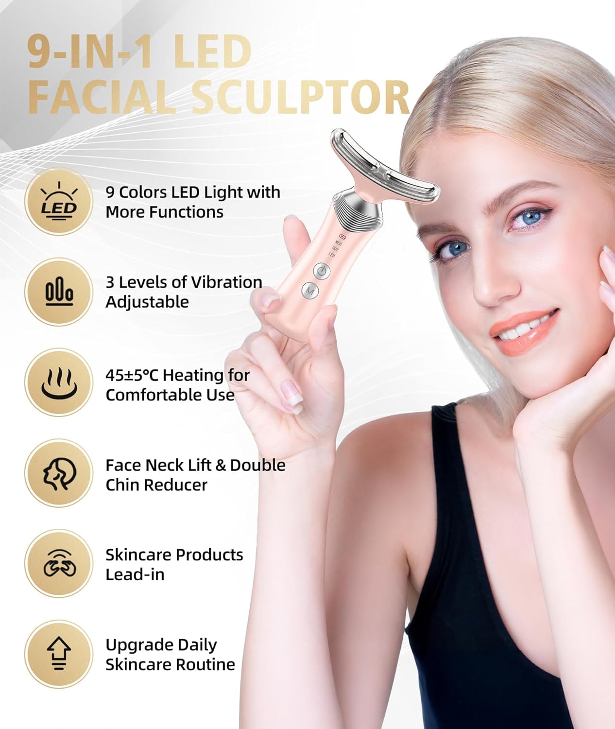 9-in-1 Red-Light-Therapy-for-Face-and-Neck, Portable Facial Massager Tool with Adjustable Vibration & Thermals for Wrinkles, Double Chin, Pink