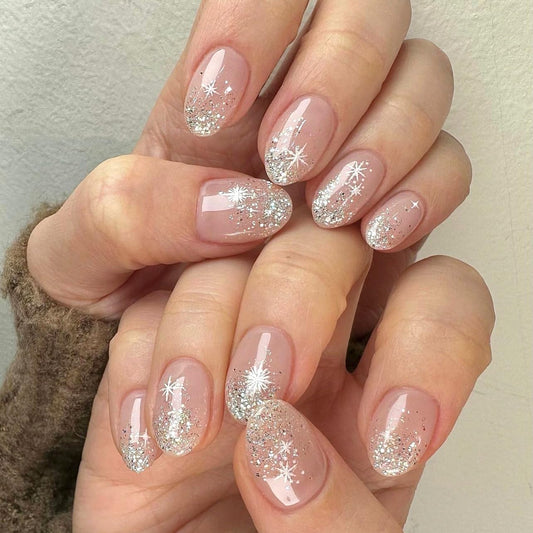 Pink Press on Nails Short Almond, French Fake Nails with Sparkly Silver French Tips and snowflake Designs, Glossy Gel Finish Acrylic Nails, Thick Reusable Glue on Nails Kit for Women, 24Pcs