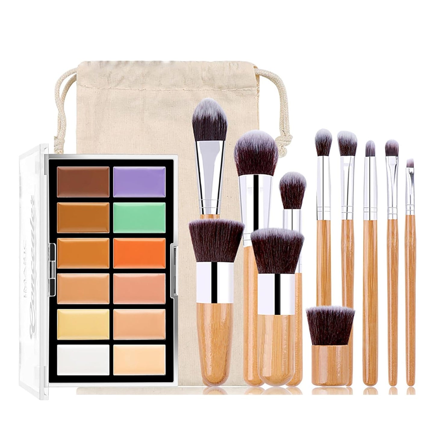 All In One Color Correcting Palette + 8 Makeup Brushes, 3D Cosmetics Cream Contour Highlighting Foundation Makeup Palette Long Lasting for Sculpt &Highlighting, Define Cheekbones