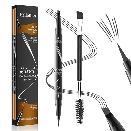 Eyebrow Pen, 2-in-1 Dual-Ended Microblading Eyebrow Pencil, Magical Faux Brow Pen with 4-Fork-Tip & Precise Brush-Tip Create Natural Hair-Like Brow, Waterproof, Stay on All Day, Grey, 1Pcs