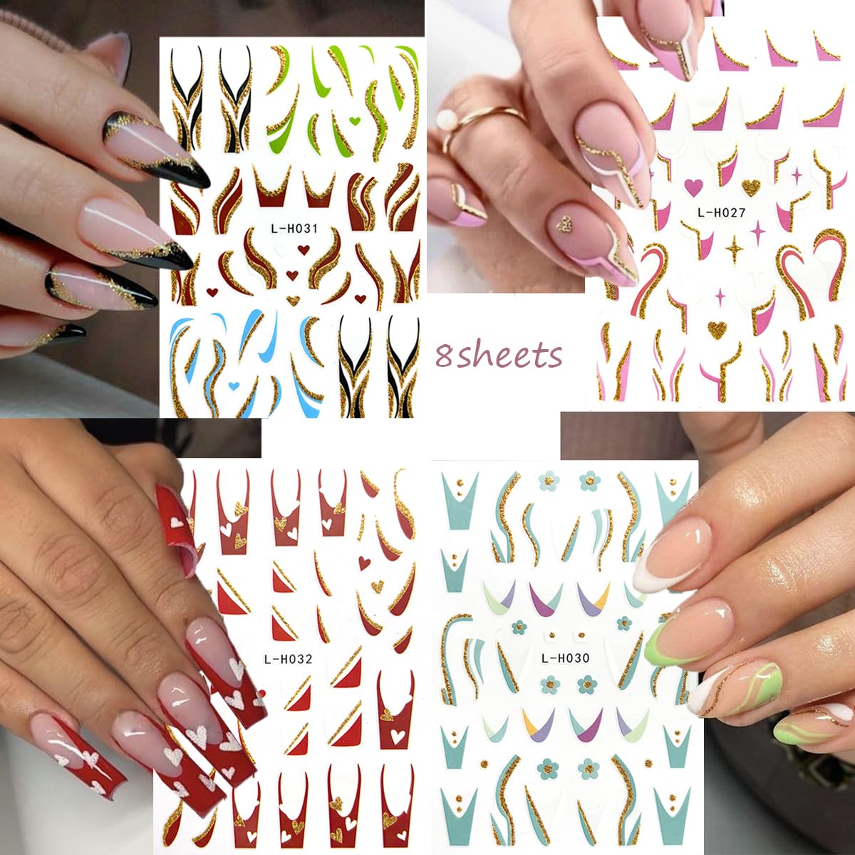 8 Sheets Shiny Line Nail Stickers - French Tip Nail Decals, 3D Glitter Wavy Stripe Designs, Gold Nail Tip V Shape Lines for DIY Acrylic Manicure Decoration