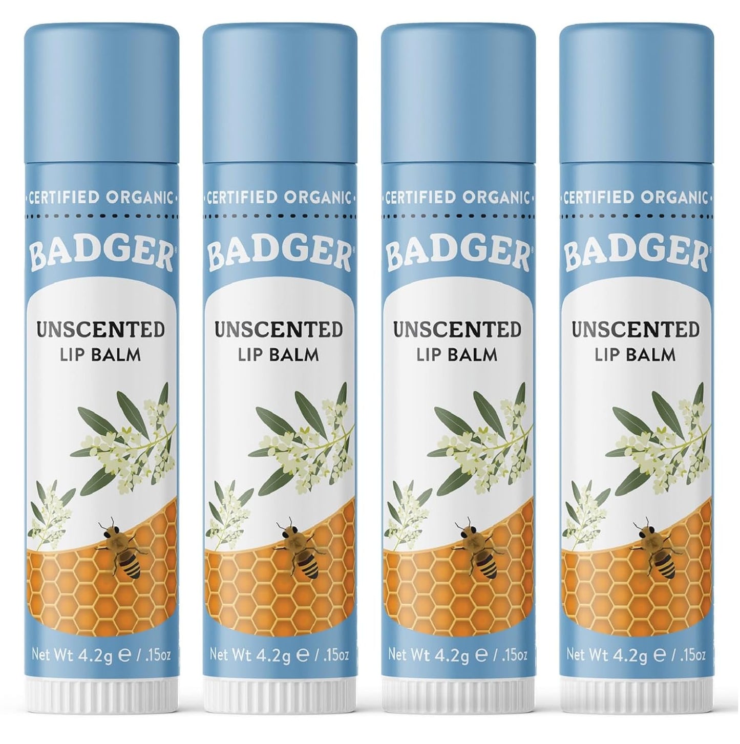 Badger Unscented Classic Lip Balm, 100% Organic Lip Balm for Sensitive Lips, Long Lasting Lip Moisturizer w/Light Silky Texture, 4 Pack