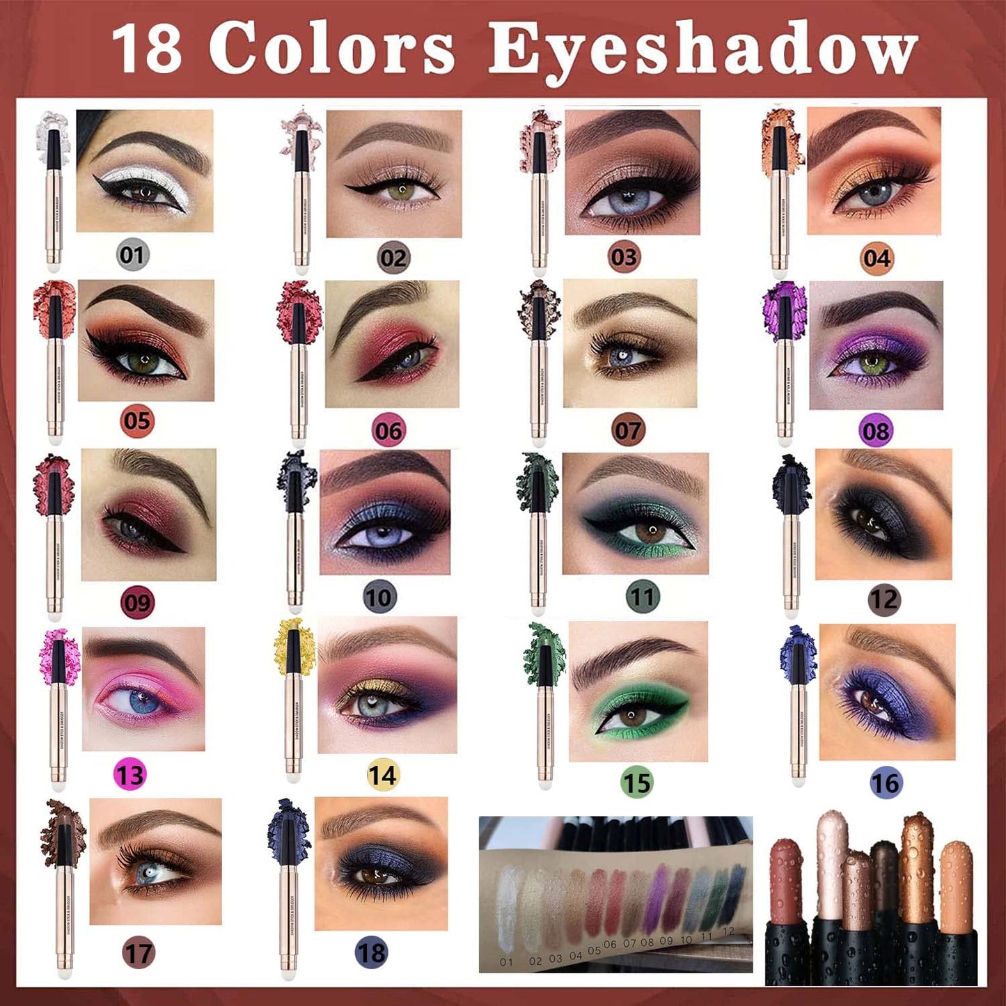 Rose Red Shimmer Eyeshadow Stick Makeup, Smooth Cream shimmer Glitter Eyeshadow Pencil Long Lasting Waterproof Eye Shadow Highlighter Makeup, Hypoallerge(Light rose red shimmer 06)